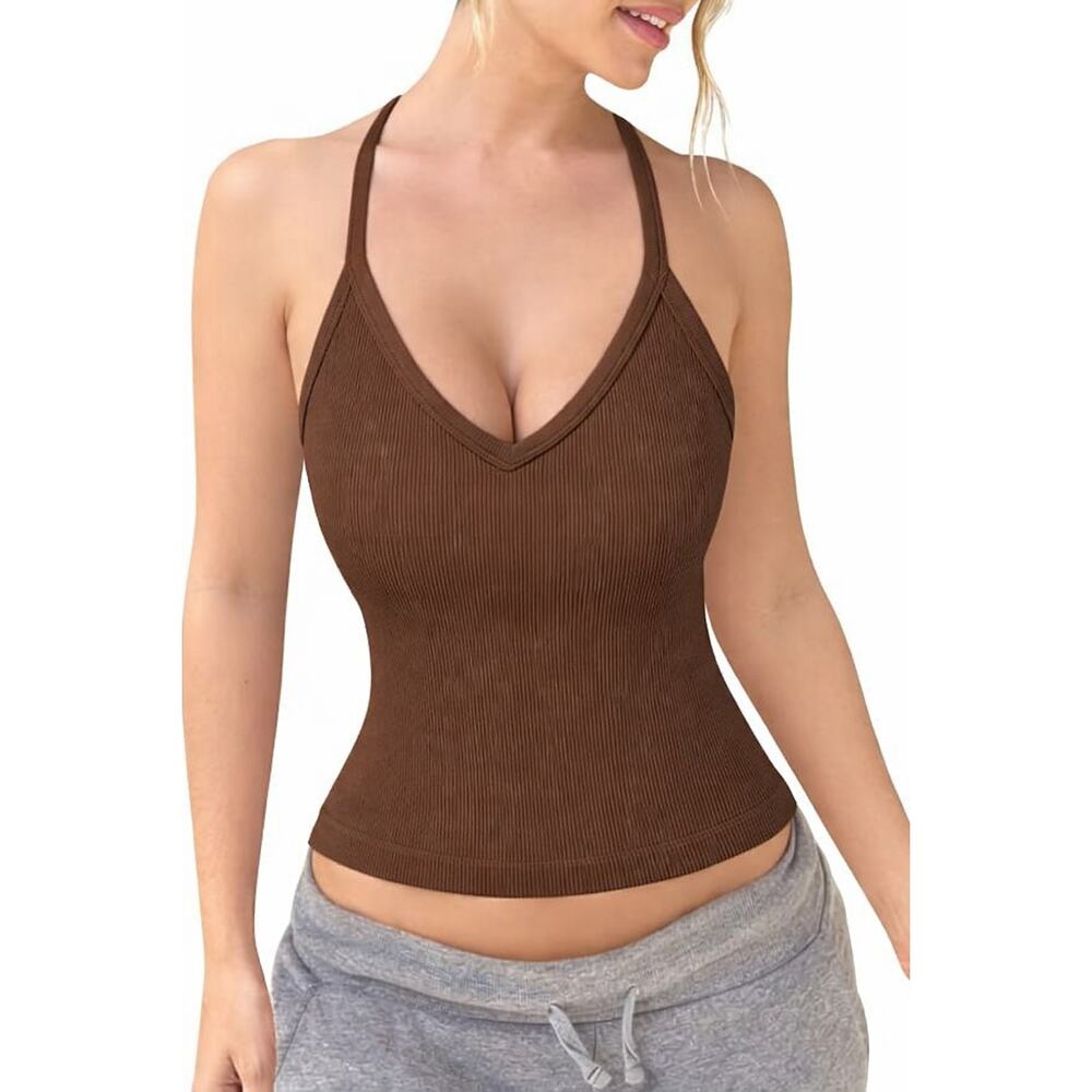 Women Ribbed V Neck Tank Top Brown Stretch Fitted Cami Sleeveless Size M